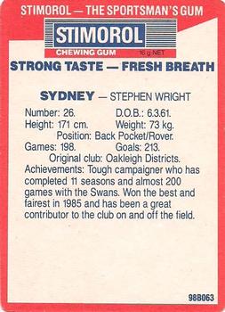 1990 AFL Scanlens Stimorol #82 Stephen Wright Back